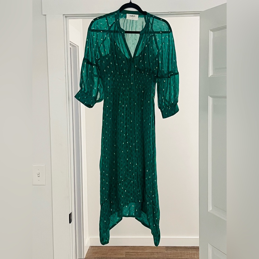 ba&sh green and gold cinched waist holiday party dress